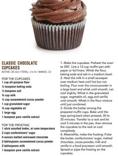 a recipe for chocolate cupcakes with frosting on top