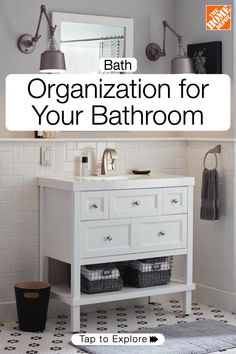 a bathroom vanity with the words, organization for your bathroom tap to explore