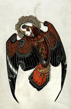 an artistic drawing of a bird with intricate designs on it's wings and tail