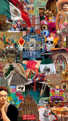 a collage of many different pictures including buildings, flags and other things in the background