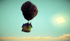 a house floating in the air with a balloon attached to it