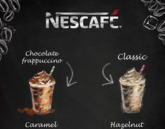 a chalk board with two drinks on it and the words necaf written in different languages