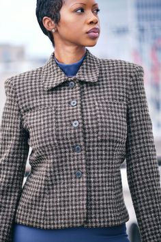 Embrace sustainable fashion with this vintage 90s Jones New York Tweed Blazer. Petite in size but bold in style, this blazer is a testament to the timeless appeal of vintage style. Boasting a classic tweed pattern, it reflects the charm of the 90s, while its superior tailoring ensures a flattering fit. This piece is perfect for elevating your everyday ensemble or adding a retro touch to your office wear. Shop Quirk LA recommends pairing this blazer with a crisp white shirt and high-waisted jeans Fitted Houndstooth Tweed Jacket With Lapel Collar, Fitted Houndstooth Tweed Jacket With Long Sleeves, Fitted Long Sleeve Houndstooth Tweed Jacket, Fall Business Casual Button-up Tweed Jacket, Casual Fitted Tweed Jacket With Button Closure, Casual Fitted Tweed Jacket For Business, Fitted Tweed Jacket For Business Casual, Casual Fitted Tweed Jacket With Buttons, Classic Long Sleeve Tweed Jacket For Career