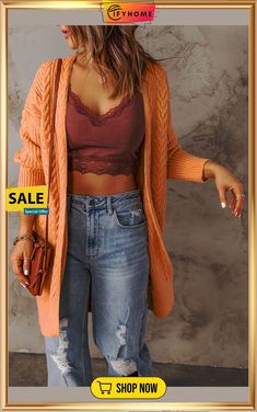 Orange Chunky Knit Open Front Cardigan Orange Outfits, Perfect Cardigan, Loose Cardigan, Áo Len Cardigan, Cardigan Casual, Picture Style, Open Front Sweater, Cozy Cardigan, Cardigan Long