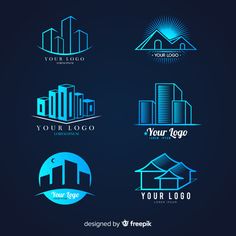 set of logos for real estate companies with buildings and skyscrapers on dark blue background