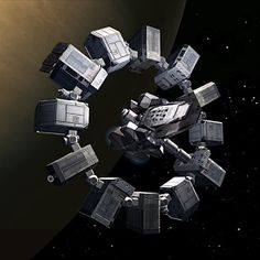 an artist's rendering of a space station in the solar system, surrounded by small cubes