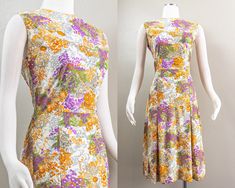 "This is a fun summertime, late 60s early 70s, nylon jersey floral print dress. It is sleeveless with a crew neck, and has a fitted bodice. The skirt starts at the natural waist seam and the skirt falls past the knees in an A-line silhouette with inverted box pleats to give it a bit of volume. The dress zips up the back with a nylon zip up the center back. Condition: The dress is in good condition with only one small repair to note. There is a small patch on the right hip. It's not easy to spot Sleeveless Retro Print Dress For Garden Party, Sleeveless Dress With Retro Print For Garden Party, 1970s Sleeveless Floral Print Dress, 1970s Style Sleeveless Floral Print Dress, Jersey Day, Dress Cream, Fall Skirts, Box Pleats, Cream Dress