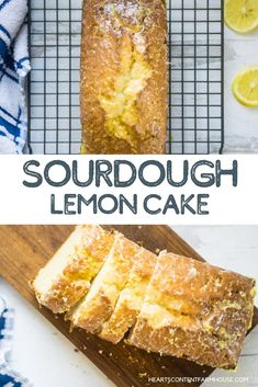 lemon cake on a cooling rack with the words sourdough lemon cake