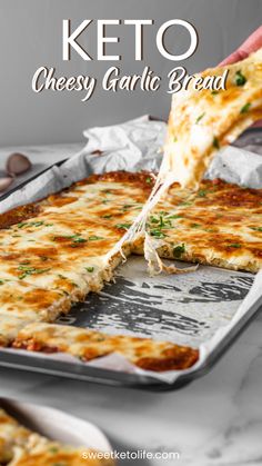 someone taking a piece of cheesy garlic bread from a baking pan with the text overlay that reads, keto cheese garlic bread