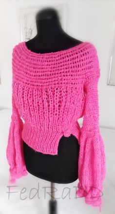 Pink Sweater,soft Yarn ,hand Knit ,long Puff Sleeve Sweater,unique Oval Neck Pullover,gentle on the Skin ,size S M L - Etsy Croatia