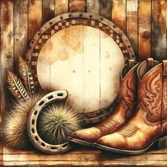 a painting of cowboy boots, a lasso and a feather on a wooden background