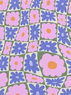 an abstract flower pattern with blue, pink and orange flowers on a green checkerboard background