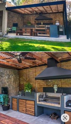 an outdoor kitchen is built into the side of a house with wood slats on it