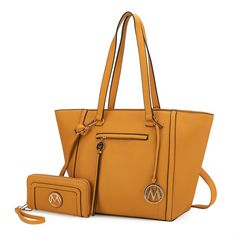 MKF Collection Alexandra Vegan Leather Women's Tote Bag with Wallet by Mia K. Design, Gold-Tone Hardware, Spacious, Organized, and Durable.-Gold-tone hardware-Tote: 11.4" W x 11" H x 5.5" D -Handle drop: 10"-Wallet: 7.5" L x 4"H x 1" W-Removable and Adjustable strap: Extends to 25" -Interior details: Interior features Travel Size Beauty Products, Yellow Handbag, Vegan Leather Tote, Boot Jewelry, Handbag Wallet, Mens Fragrance, Women Fragrance, Womens Tote, Handbag Backpack