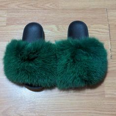 These Are Brand New Slippers From A Canadian Brand That Is No Longer Around. Mink Fur Upper, Rubber Sole. Green Slip-on Winter Slippers, Green Casual Slippers For Winter, Green Closed-toe Winter Slippers, Dearfoam Slippers, Gray Ballet Flats, Leopard Slippers, Black Suede Loafers, Ll Bean Women, Ballerina Slippers