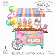 an ice cream cart with balloons and cake on the top is featured in this digital file