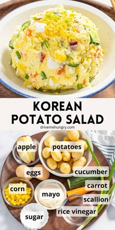 korean potato salad with different ingredients on the side and in separate pictures, there is an image