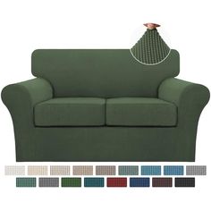 an image of a green couch with different colors and patterns on the front, side, and back