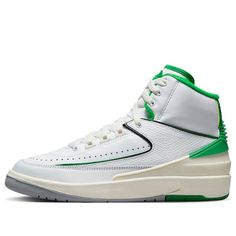 The Air Jordan 2 Retro 'Lucky Green' is a timeless classic that has been around for over 30 years. This retro sneaker features a sleek silhouette with a combination of premium leather and cushioning for durability and style. Inspired by its iconic predecessor, the AJ1, this sneaker is perfect for any casual look. With its clean white colorway, this sneaker is sure to make a statement. Whether you're out on the court or just hanging out with friends, the Air Jordan 2 Retro 'Lucky Green' is the perfect choice for any occasion. (AJ2/SNKR/High Top/Basketball) Sporty Jordan Shoes With Gum Sole, Retro Synthetic High-top Sneakers For Sports, Classic High-top Synthetic Skate Shoes, Sporty Mid-top Jordan Shoes With Gum Sole, Classic High-top Synthetic Basketball Shoes, High-top Synthetic Basketball Shoes With Vulcanized Sole, Sporty High-top Jordan Shoes With Gum Sole, Sporty Lace-up Jordan Shoes With Gum Sole, Air Jordan 2 Retro