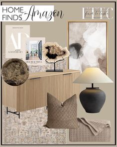 an interior design board with neutrals and browns on the walls, pillows, lamps, rugs and artwork