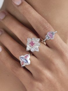 A special diamond deserves a design just as extraordinary, and this Argyle Pink™ Diamond Flora Ring by J FINE with a 1.04ct Radiant 5P SI1 Argyle Pink™ Diamond (Intense Purplish Pink on GIA report) obliges with magnificence. This unique design includes eight D color, Internally Flawless clarity Pear Shape and Round Diamonds (totaling 7.00cts) - all with GIA grading reports. It is of course handcrafted in Platinum, with all diamonds hand-set. As the Argyle Pink™ Diamond Flora Ring is handmade wit Unique Fine Jewelry, Pink Diamond Rings, Flaming June, Sparkling Diamond Ring, Pink Diamond Jewelry, Argyle Pink Diamonds, Pink Diamond Ring, Expensive Jewelry Luxury, Diamond Jewelry Designs