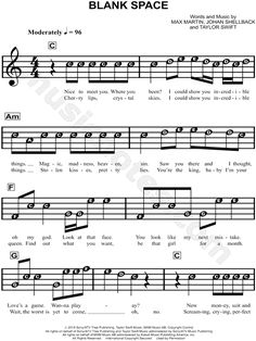 blank space sheet music for piano with notes and tabula, including the words blank space