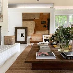 a living room filled with furniture and a fire place in front of a painting on the wall