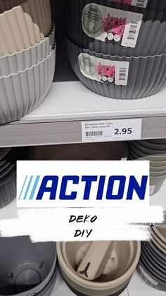 the shelves are filled with different types of bowls and pans, including one that says action defo diy