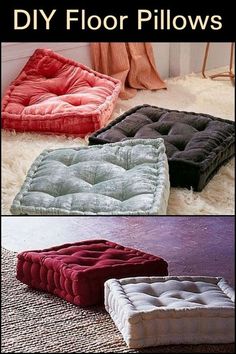 four different types of dog beds on the floor with text overlay that says diy floor pillows