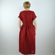 "Spring dress, Write the selected color in the message Handmade maroon linen dress with 2pockets and belt, button front linen dress with short sleeves perfect for casual wear and suitable for any occasion in any season Details: - 100% natural linen produced in Europe ; - medium weight (180 gram per square meter); - color: maroon, could be any from our colors catalog(color samples at the photo); Made to order, approximately a few days, If you have any questions please message me and I will be gla Relaxed Fit Belted Linen Dress, Red Linen Short Sleeve Dress, Red Linen Dress With Short Sleeves, Linen Casual Dress, Linen Summer Dress, Color Catalog, Linen Summer, Summer Linen Dresses, Dress With Short Sleeves