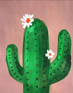 a painting of a green cactus with white flowers on it's head and two hearts in the back