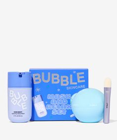 A duo of face masks designed to purify and soothe the skin.Take your skin on a relaxing mini break with this Bubble Skincare Mask & Relax Holiday Set. The perfect duo for a cosy night in, this set includes a detoxifying clay mask that removes impurities and an over night sleep mask to hydrate and soften skin. Ideal for when your skin needs a pick-me-up, haul this set to achieve calm and clear skin in just two steps.- Vegan- Cruelty-free- Suitable for all skin types Bubble Skincare Set, Preppy Items Products, Skin Care Stuff, Bubble Skin Care, Bubble Clay Mask, Skincare Kits, Skincare Sets, Kids Skin Care, Bubble Skincare