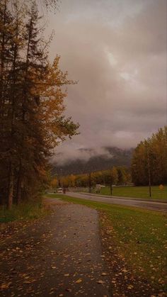 an empty road with trees and mountains in the background