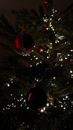 a lit christmas tree with ornaments and lights on it's branches in the dark