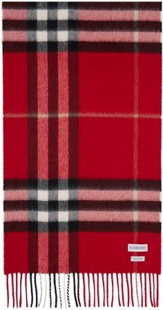 Rectangular brushed cashmere flannel scarf in red. · Signature check pattern throughout · Fringed detailing at ends · L71 x W12.25 Supplier color: Red Burberry Scarf Outfit, Red Scarf Outfit, Flannel Scarf, Flannel Scarves, Red Plaid Scarf, Burberry Outfit, Check Scarf, Scarf Outfit, Burberry Scarf