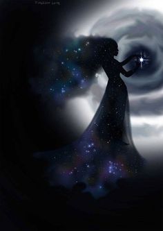 the silhouette of a woman in a long dress is holding her hand out to the stars