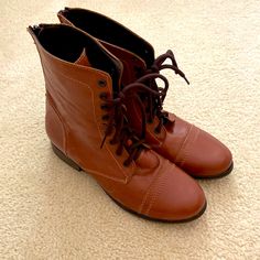 Steve Madden Combat Boots, Reddish Brown Color, Size 9, Brand New, Worn No More Than Once! Casual Almond Toe Lace-up Boots Medium Width, Casual Almond Toe Lace-up Boots, Casual Lace-up Boots With Almond Toe, Steve Madden Combat Boots, Black Leather Combat Boots, Heeled Rain Boots, Shoes Steve Madden, Steve Madden Boots, Lug Sole Boots