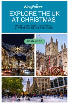 the front cover of a travel brochure with images of christmas lights and buildings