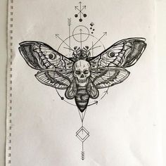 a black and white drawing of a moth with geometric designs on it's wings