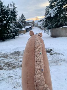 a horse is standing in the snow with its back turned to the camera and it's tail braided