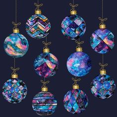 twelve christmas ornaments hanging from strings with space in the sky and stars on them, against a dark blue background