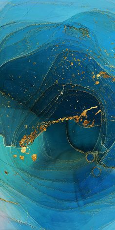 an abstract painting with blue and gold paint