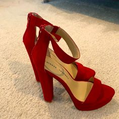 6’ Velvet Red Heels, Never Worn Red Block Heels With Red Sole, Red Platform Heels With Open Heel, Formal Red Heels With Stacked Heel, Red Block Heels With Stacked Heel, Red Block Heels With Padded Heel, Red Block Heel For Night Out, Red Block Heels For Night Out, Red Heels With Stacked Heel And Round Toe, Red Open Heel Shoes With 4-inch Heel