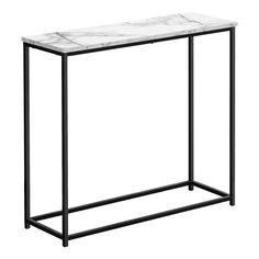 a marble top console table with black metal frame and legs, against a white background