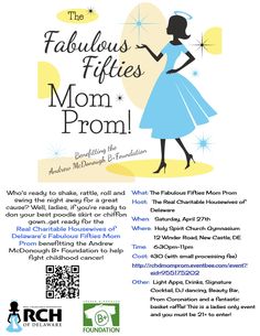 the fabulous fiftiess mom prom flyer with an image of a woman in a blue dress