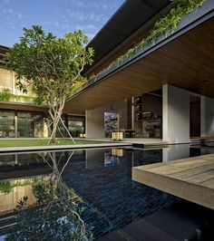 an outdoor swimming pool in front of a house