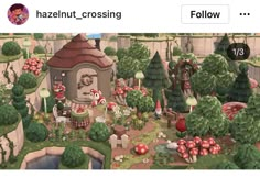 an animated image of a garden with mushrooms and trees