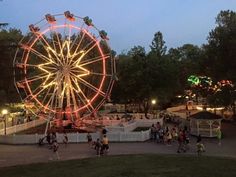 a large ferris wheel sitting next to a park filled with lots of people at night