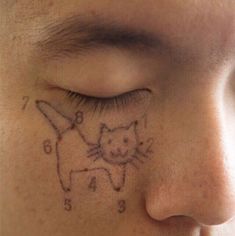 a close up of a person with a cat drawn on their face and the numbers behind it