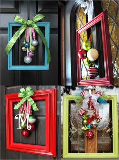 four frames decorated with christmas ornaments and ribbons, hanging on the front door ornament